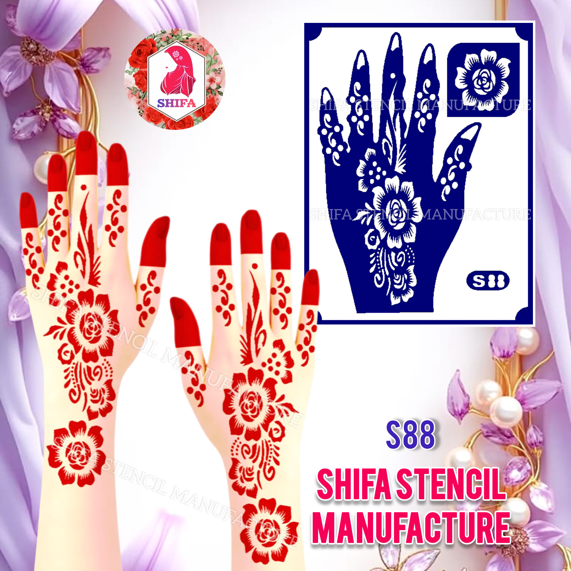 S 88 Floral Bloom Accent Design Sticker Overview  Henna Stencil - Shifa Stencil